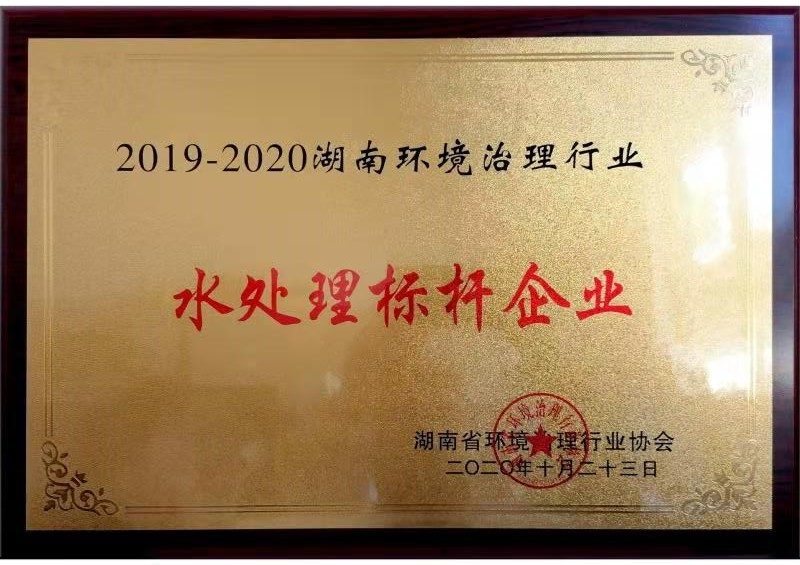 湖南环境治理行业水处理标杆企业荣誉牌匾（湖南省环境治理行业协会2020年）